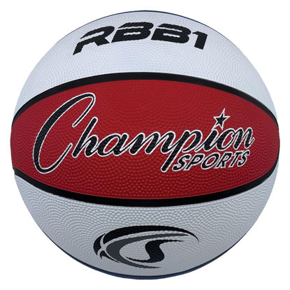 Picture of Champion Sports Rubber Official Basketball, Heavy Duty - Pro-Style Basketballs, and Sizes - Premium Basketball Equipment, Indoor Outdoor - (Size 7- Red, White, Blue)