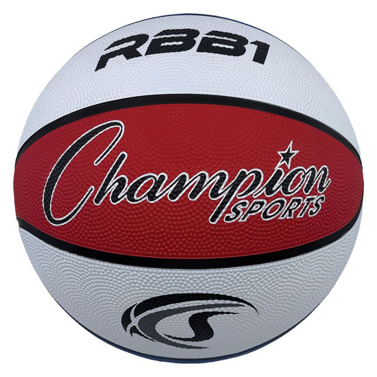 Picture of Champion Sports Rubber Official Basketball, Heavy Duty - Pro-Style Basketballs, and Sizes - Premium Basketball Equipment, Indoor Outdoor - (Size 7- Red, White, Blue)