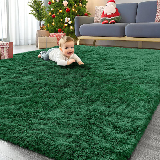 Picture of OLANLY 6x9 Machine Washable Large Area Rugs for Living Room, Bedroom, Soft Fluffy Shaggy Bedside Rug, Indoor Floor Carpet for Kids Girls and Boys, Dorms, Nursery, Home Decor Aesthetic, Dark Green