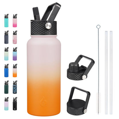 Picture of BJPKPK Insulated Water Bottles with Straw Lid, 32oz Metal Large Water Bottle with 3 Lids, Reusable Leak Proof BPA Free Thermos, Stainless Steel Canteen Water Bottle for Sports, Gym & Travel-Coral