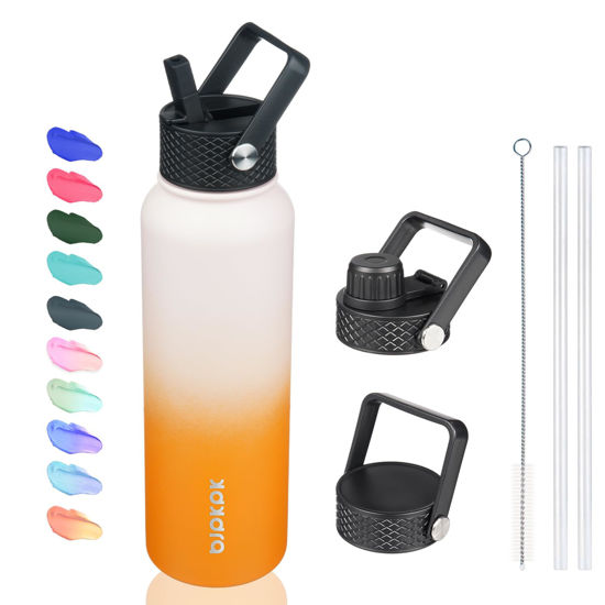 Picture of BJPKPK Insulated Water Bottles with Straw Lid, 40oz Stainless Steel Water Bottles with 3 Lids, Large Metal Water Bottle, BPA Free Leakproof Thermos Water Bottle for Sports & Gym- Coral