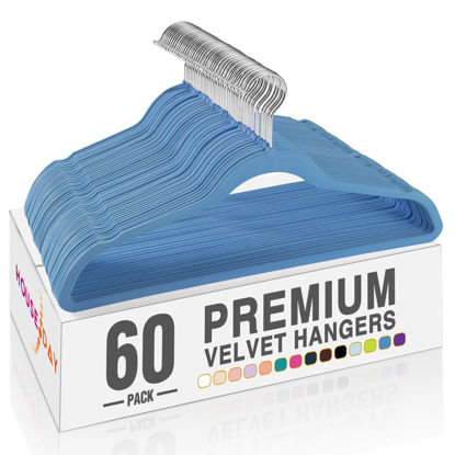 Picture of HOUSE DAY Tranquil Blue Velvet Hangers 60 Pack, Non Slip Clothes Felt Hanger Heavy Duty for Coat, Premium Slim Space Saving Suit Hangers for Closet Organizer, 360° Rotating Silver Hook