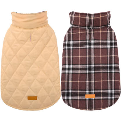Picture of Kuoser Warm Dog Coat, Reversible Dog Jacket Waterproof Dog Winter Coat British Style Plaid Dog Clothes Pet Dog Cold Weather Coats Cozy Snow Jacket Vest for Small Medium Large Dogs Brown S