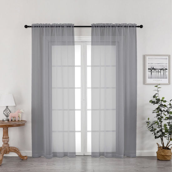 Picture of OWENIE Grey Sheer Curtains 72 Inches Long 2 Panels, Transparent Voile Sheer Curtain Double Rod Pocket Gauze Drapes for Living Room Bedroom Window Sliding Glass Door Treatment, 42 x 72 Inch