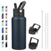 Picture of BJPKPK Insulated Water Bottles with Straw Lid, 32oz Metal Large Water Bottle with 3 Lids, Reusable Leak Proof BPA Free Thermos, Stainless Steel Canteen Water Bottle for Sports, Gym&Travel-Navy Blue
