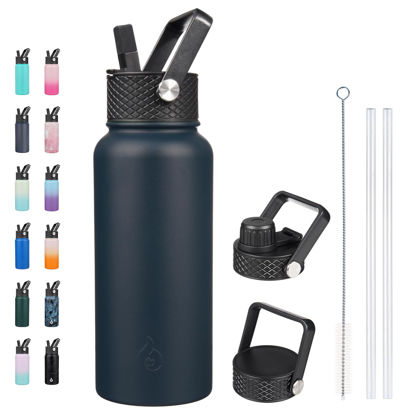 Picture of BJPKPK Insulated Water Bottles with Straw Lid, 32oz Metal Large Water Bottle with 3 Lids, Reusable Leak Proof BPA Free Thermos, Stainless Steel Canteen Water Bottle for Sports, Gym&Travel-Navy Blue