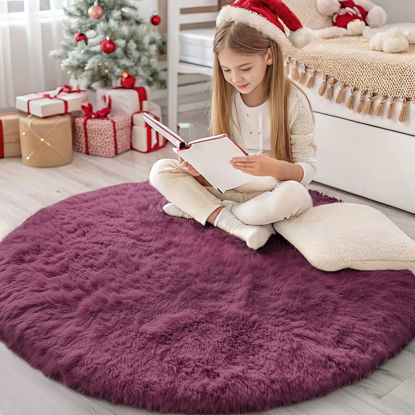 Picture of OLANLY Burgundy Round Rugs for Bedroom - Machine Washable, 4x4 Feet Circle Area Rugs for Living Room, Soft and Fluffy Shaggy Carpet for Teen Girls and Boys, Dorms, Nursery Rooms, Home Decor Aesthetic