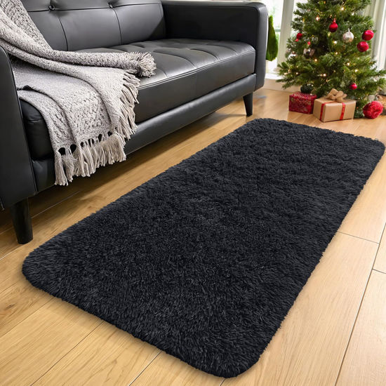 Picture of OLANLY 2x4 Machine Washable Runner Rugs for Hallway, Soft Fluffy Shaggy Bedside Rugs for Bedroom, Living Room, Indoor Floor Carpet for Kids Girls and Boys, Nursery Rooms, Home Decor Aesthetic, Black