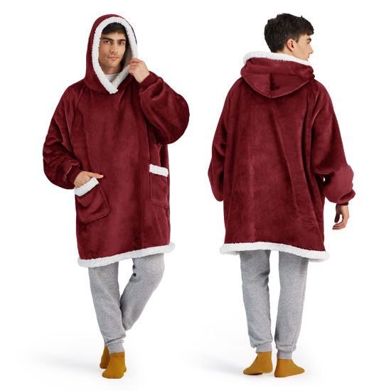 Picture of Bedsure Blanket Hoodie, Wearable Blanket for Adult & Kids as Gifts for Women Men, Birthday Gifts for Women Mom Sherpa Hoodie, Burgundy, Oversize
