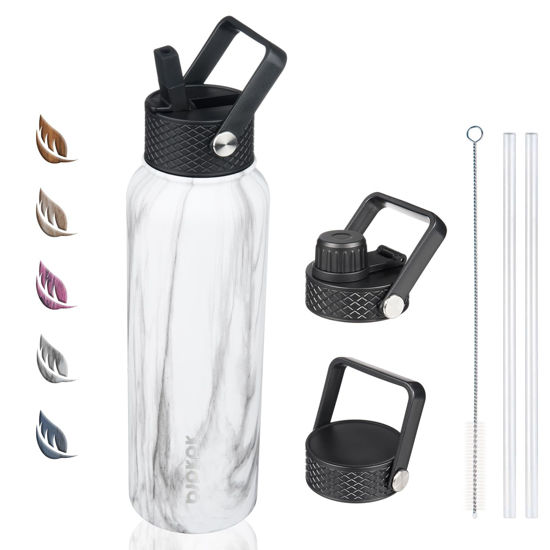 Picture of BJPKPK Insulated Water Bottles with Straw Lid, 40oz Stainless Steel Water Bottles with 3 Lids, Large Metal Water Bottle, BPA Free Leakproof Thermos Water Bottle for Sports & Gym- White Birch
