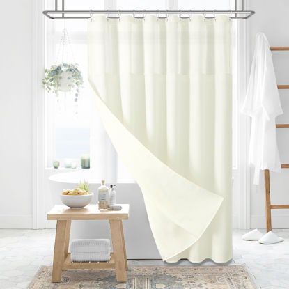 Picture of Dynamene Extra Long Shower Curtain, 84 Inch Long Waffle Fabric Shower Curtain for Bathroom, Tall Waterproof Cloth Shower Curtain Liner Set with Hook, Snap in Liner, Mesh Top Window, Beige, 72x84
