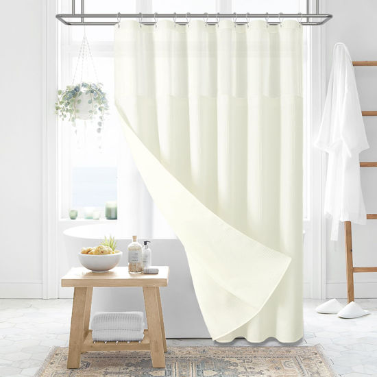 Picture of Dynamene Extra Long Shower Curtain, 84 Inch Long Waffle Fabric Shower Curtain for Bathroom, Tall Waterproof Cloth Shower Curtain Liner Set with Hook, Snap in Liner, Mesh Top Window, Beige, 72x84