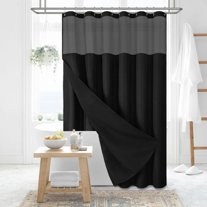 Picture of Dynamene Fabric Shower Curtain with Snap in Liner, Black Waffle Hotel Shower Curtains for Bathroom, Washable Waterproof Cloth Shower Curtain Liner Set with Plastic Hooks, Mesh Top Window, 72x72