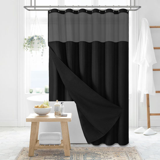 Picture of Dynamene Fabric Shower Curtain with Snap in Liner, Black Waffle Hotel Shower Curtains for Bathroom, Washable Waterproof Cloth Shower Curtain Liner Set with Plastic Hooks, Mesh Top Window, 72x72