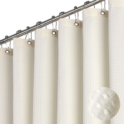Picture of Dynamene Stall Ivory Fabric Shower Curtain - Waffle Textured Small Heavy Duty Cloth Shower Curtains for Bathroom, 256GSM Narrow Hotel Luxury Bath Curtain Set with 6 Plastic Hooks(36Wx72H,Cream/Ivory)