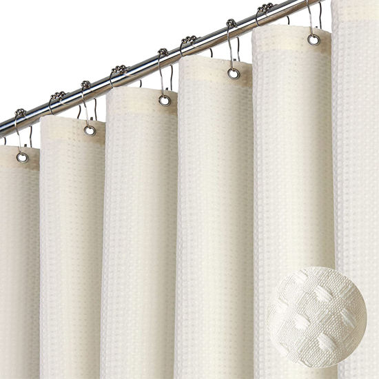 Picture of Dynamene Long Fabric Shower Curtain - Waffle Textured Tall Heavy Duty Cloth Shower Curtains for Bathroom, 256GSM Large Hotel Luxury Bath Curtain Set with 12 Plastic Hooks,72Wx78, Cream/Ivory