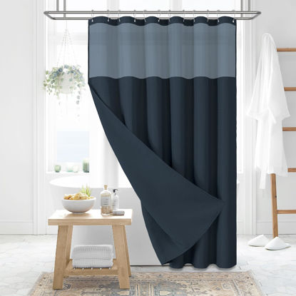 Picture of Dynamene 78 Inch Long Shower Curtain, Tall Waffle Fabric Shower Curtains for Bathroom, Hotel Waterproof Cloth Shower Curtain Liner Set with Hooks, Snap in Liner, Mesh Top Window, Navy Blue, 72x78