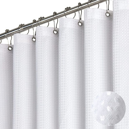 Picture of Dynamene Stall Fabric Shower Curtain - 54 inch Wide Waffle Weave Weighted Thick Cloth Shower Curtains for Bathroom, Heavy Duty Hotel Spa Luxury Bath Curtain Set with 10 Hooks, 54x72, White