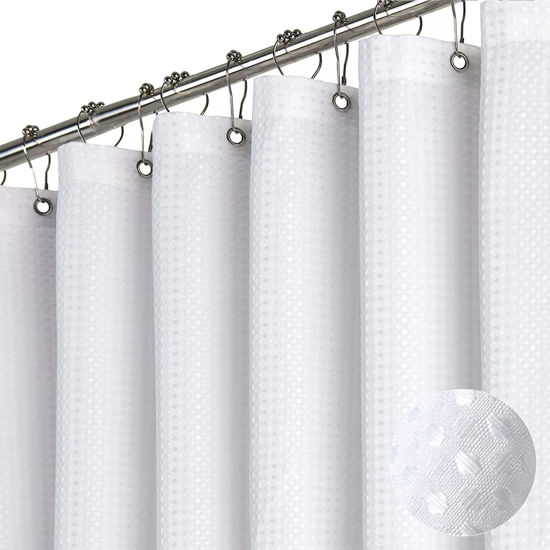 Picture of Dynamene Extra Wide Shower Curtain - 180 Inch Wide Waffle Weave Weighted Thick Cloth Bathroom Shower Curtain, Neutral Heavy Duty Hotel Bath Curtain Set with 32 Plastic Hooks,180x72, White