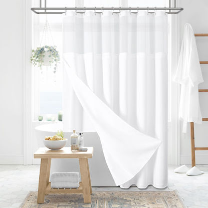 Picture of Dynamene Fabric Shower Curtain with Snap in Liner, White Waffle Hotel Shower Curtains for Bathroom, Washable Waterproof Cloth Shower Curtain Liner Set with Plastic Hooks, Mesh Top Window, 72x72