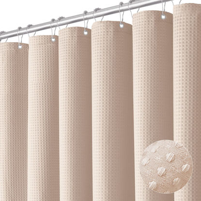 Picture of Dynamene Blush Pink Fabric Shower Curtain - Waffle Weave Textured Heavy Duty Cloth Shower Curtains for Bathroom, 256GSM Hotel Luxury Weighted Bath Curtain Set with 12 Hooks,72x72, Blush Pink