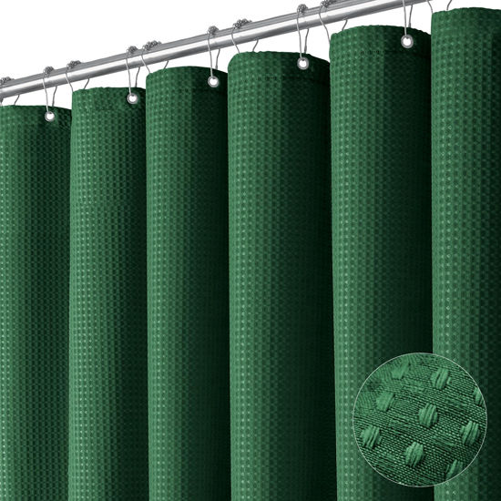 Picture of Dynamene Extra Long Shower Curtain - 96 Inch Long Waffle Weave Weighted Thick Cloth Bathroom Shower Curtain, Neutral Heavy Duty Hotel Bath Curtain Set with 12 Plastic Hooks,72x96, Dark Green