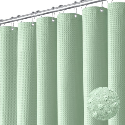 Picture of Dynamene Mint Green Fabric Shower Curtain - Waffle Weave Textured Heavy Duty Cloth Shower Curtains for Bathroom, 256GSM Hotel Luxury Weighted Bath Curtain Set with 12 Hooks,72x72, Mint Green