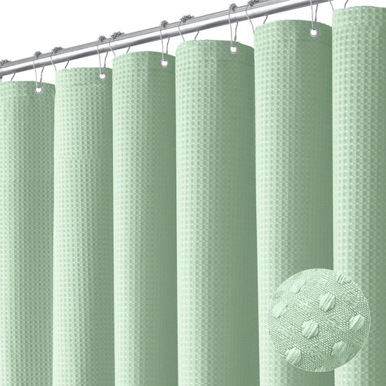 Picture of Dynamene Extra Long Shower Curtain - 84 Inch Long Waffle Weave Heavy Duty Fabric Bathroom Shower Curtain, Neutral Weighted Hotel Thick Bath Curtain Set with 12 Plastic Hooks,72x84, Mint Green