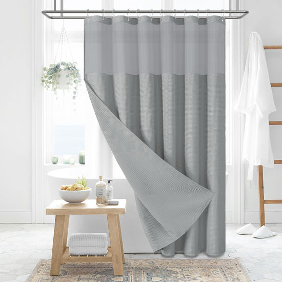 Picture of Dynamene Extra Long Shower Curtain, 84 Inch Long Waffle Fabric Shower Curtain for Bathroom, Tall Waterproof Cloth Shower Curtain Liner Set with Hook, Snap in Liner, Mesh Top Window, Dark Grey, 72x84