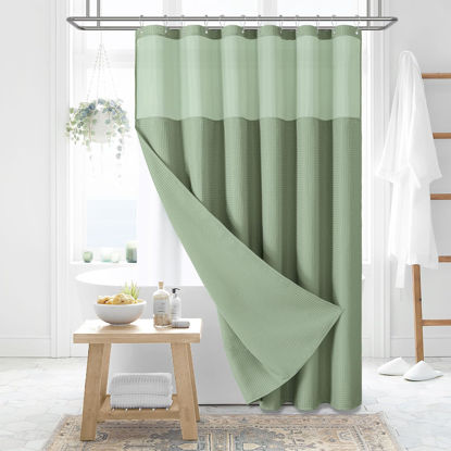 Picture of Dynamene 78 Inch Long Shower Curtain, Tall Waffle Fabric Shower Curtains for Bathroom, Hotel Waterproof Cloth Shower Curtain Liner Set with Hooks, Snap in Liner, Mesh Top Window, Sage Green, 72x78