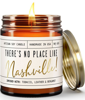 Picture of Nashville Gifts, Nashville Decor for Home - 'There's No Place Like Nashville Candle, w/Teakwood & Tobacco I Nashville Souvenirs I 9oz Jar, 50Hr Burn, Made in USA