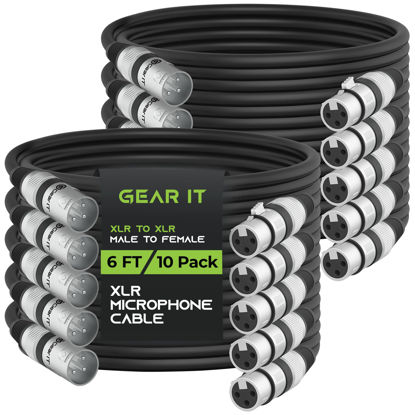 Picture of GearIT XLR to XLR Microphone Cable (6 Feet, 10-Pack) XLR Male to Female Mic Cable 3-Pin Balanced Shielded XLR Cable for Mic Mixer, Recording Studio, Podcast - Black, 6ft, 10 Pack