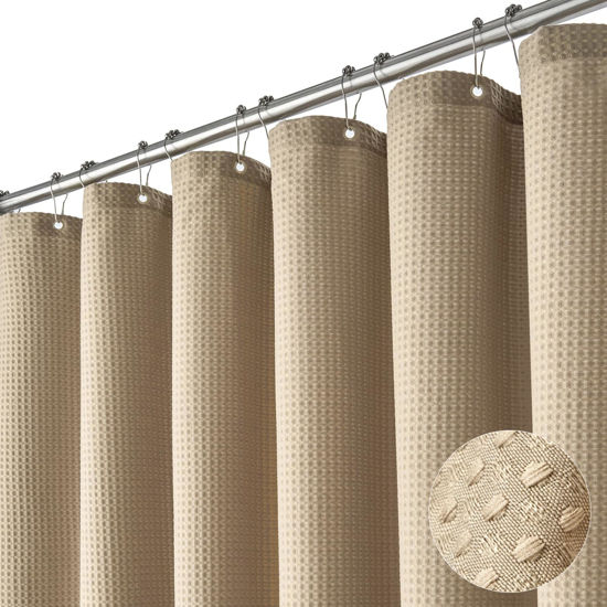Picture of Dynamene Extra Long Shower Curtain,96 Inch Long Waffle Weave Heavy Duty Thick Fabric Bathroom Shower Curtain, Neutral Weighted Hotel Bath Curtain Set with 12 Plastic Hooks,72x96,Beige/Khaki