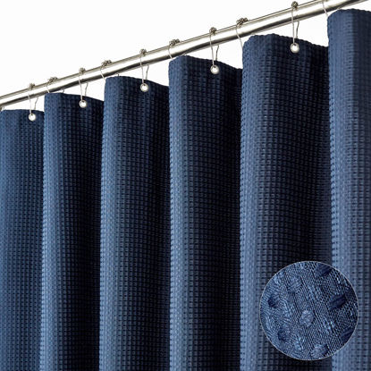 Picture of Dynamene Extra Wide Shower Curtain-108 Inch Wide Waffle Weave Weighted Thick Cloth Bathroom Shower Curtain, Neutral Heavy Duty Hotel Bath Curtain Set with 18 Plastic Hooks,108x72, Navy Blue