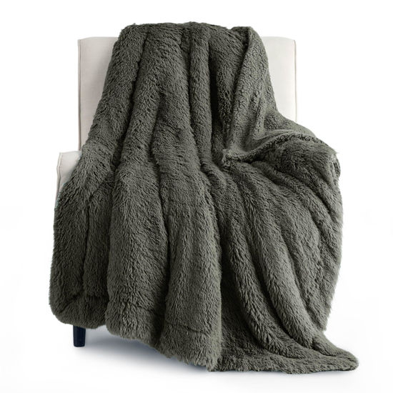Picture of Bedsure Fluffy Olive Green Throw Blanket Gifts for Women, Men, Soft Fleece Cozy Fuzzy Sherpa Plush Warm Minky Thick Faux Fur Throws for Couch, Dark Green Decor Valentines Blanket Gifts for Her, 50x60