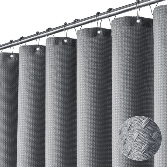 Picture of Dynamene Stall Fabric Shower Curtain - 54 inch Wide Waffle Weave Weighted Thick Cloth Shower Curtains for Bathroom, Heavy Duty Hotel Spa Luxury Bath Curtain Set with 10 Hooks, 54x72, Grey/Gray