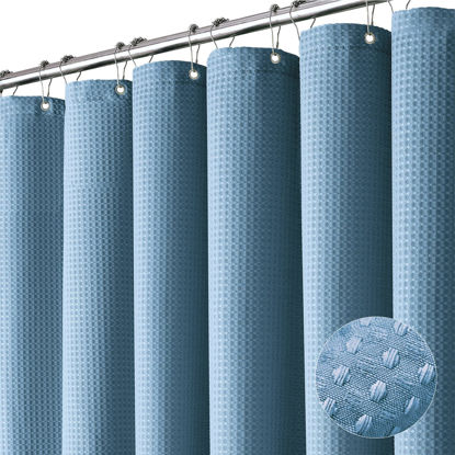 Picture of Dynamene Long Fabric Shower Curtain - 78 inch Long Waffle Weave Weighted Cloth Shower Curtains for Bathroom, Heavy Duty Hotel Spa Luxury Bath Curtain Set with 12 Plastic Hooks,72x78, Moonlight Blue