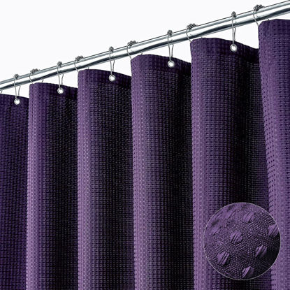 Picture of Dynamene Extra Long Shower Curtain,84 Inch Long Waffle Weave Weighted Thick Fabric Bathroom Shower Curtain, Neutral Heavy Duty Hotel Bath Curtain Set with 12 Plastic Hooks,72x84,Purple