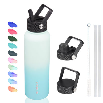 Picture of BJPKPK Insulated Water Bottles with Straw Lid, 40oz Stainless Steel Water Bottles with 3 Lids, Large Metal Water Bottle, BPA Free Leakproof Thermos Water Bottle for Sports & Gym- Mint
