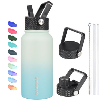 Picture of BJPKPK Insulated Water Bottles with Straw Lid, 27oz Stainless Steel Water Bottle with 3 Lids, Leak Proof BPA Free Metal Thermos Mug, Sports Water Bottle Keep Cold & Hot- Mint
