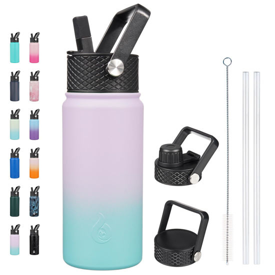 Picture of BJPKPK Insulated Water Bottles with Straw Lid, 18oz Stainless Steel Metal Water Bottle, Cold & Hot Water Bottle with 3 Lids, Leak Proof BPA Free Travel Cup, Wide Mouth Flasks, Thermos -Oasis