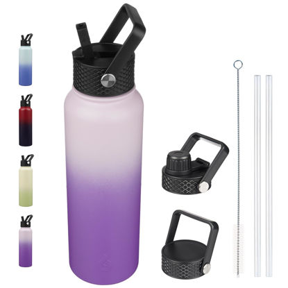 Picture of BJPKPK Insulated Water Bottles with Straw Lid, 40oz Cold & Hot Water Bottle, Stainless Steel Metal Water Bottle with 3 Lids, Reusable Thermos, Cups, Mugs for Daily Water Intake-Violet