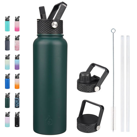 Picture of BJPKPK Insulated Water Bottles with Straw Lid, 40oz Large Water Bottle, Stainless Steel Metal Water Bottle with 3 Lids, Reusable Thermos Bottle, Cold & Hot Water Bottle for Sports, Gym-Army Green