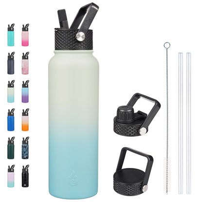 Picture of BJPKPK Insulated Water Bottles with Straw Lid, 40oz Large Water Bottle, Stainless Steel Metal Water Bottle with 3 Lids, Reusable Thermos Bottle, Cold & Hot Water Bottle for Sports, Gym-Mint