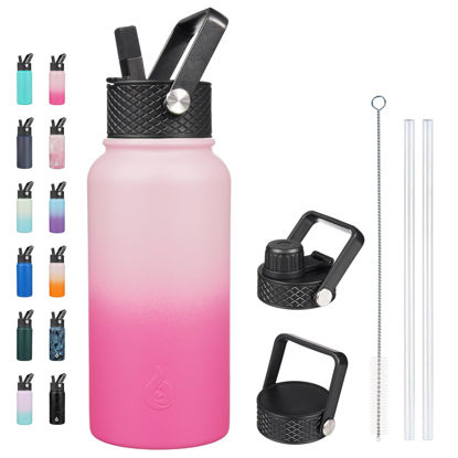 Picture of BJPKPK Insulated Water Bottles with Straw Lid, 27oz Stainless Steel Water Bottle with 3 Lids, Leak Proof BPA Free Metal Thermos Mug, Sports Water Bottle Keep Cold & Hot-Cherry