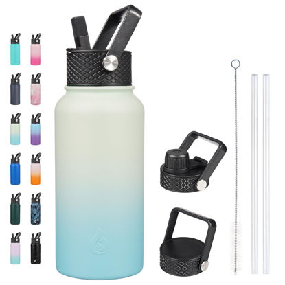 Picture of BJPKPK Insulated Water Bottles with Straw Lid, 27oz Stainless Steel Water Bottle with 3 Lids, Leak Proof BPA Free Metal Thermos Mug, Sports Water Bottle Keep Cold & Hot-Mint