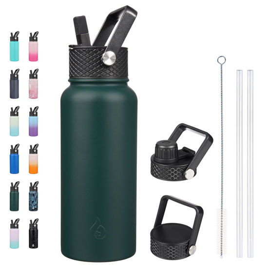 Picture of BJPKPK Insulated Water Bottles with Straw Lid, 32oz Metal Large Water Bottle with 3 Lids, Reusable Leak Proof BPA Free Thermos, Stainless Steel Canteen Water Bottle for Sports, Gym&Travel-Army Green