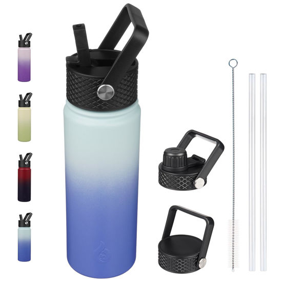 Picture of BJPKPK Insulated Water Bottles with Straw Lid, 22oz Cold & Hot Water Bottle, Stainless Steel Metal Water Bottle with 3 Lids, Reusable Thermos, Cups, Mugs for Daily Water Intake-Sky