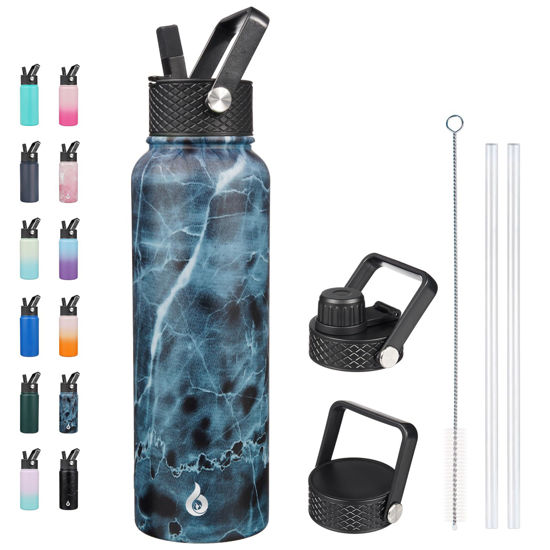Picture of BJPKPK Insulated Water Bottles with Straw Lid, 40oz Large Water Bottle, Stainless Steel Metal Water Bottle with 3 Lids, Reusable Thermos Bottle, Cold & Hot Water Bottle for Sports, Gym-Ocean