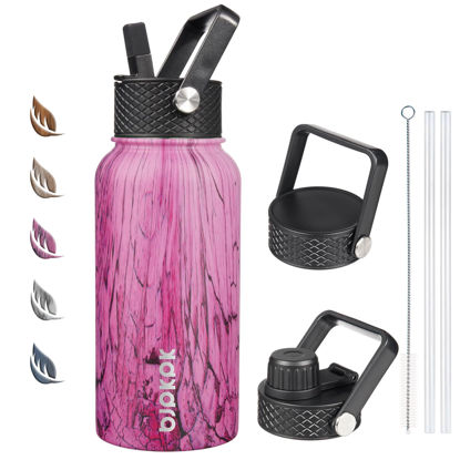 Picture of BJPKPK Insulated Water Bottles with Straw Lid, 27oz Stainless Steel Water Bottle with 3 Lids, Leak Proof BPA Free Metal Thermos Mug, Sports Water Bottle Keep Cold & Hot- Wood Pink